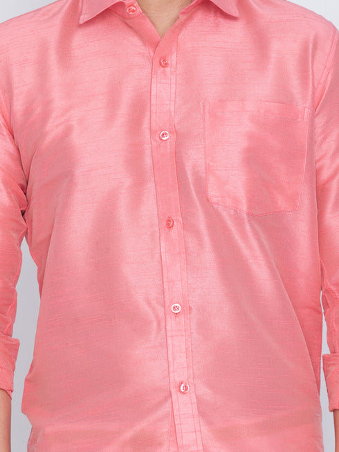 Vastramay Men's Pink Cotton Silk Blend Shirt and Mundu Set